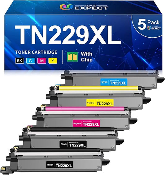 LEMERO UEXPECT TN229XL TN229 High Yield Toner Compatible Replacement for Brother TN229XL TN229 Toner Cartridges for HL-L3280CDW MFC-L3780CDW MFC-L3720CDW Printer, TN229XLBK/C/M/Y-5 Pack