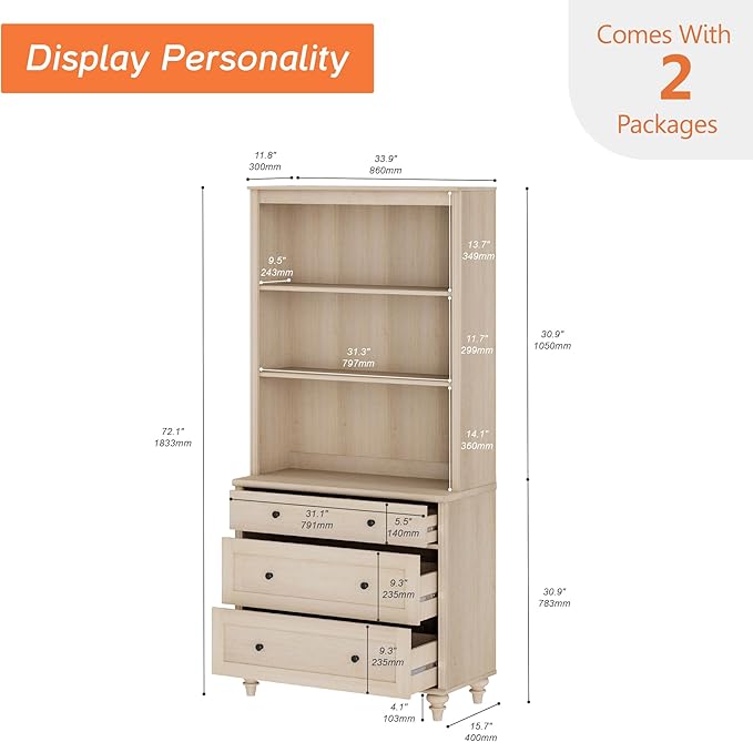 WAMPAT 3 Tier Bookshelf with 3 Drawers, 72" Tall Bookcase Large Farmhouse Display Book Case Shelf with 3-Tier Open Book Shelfs，Library Wood Bookshelves for Living Room,Kitchen, Light Oak