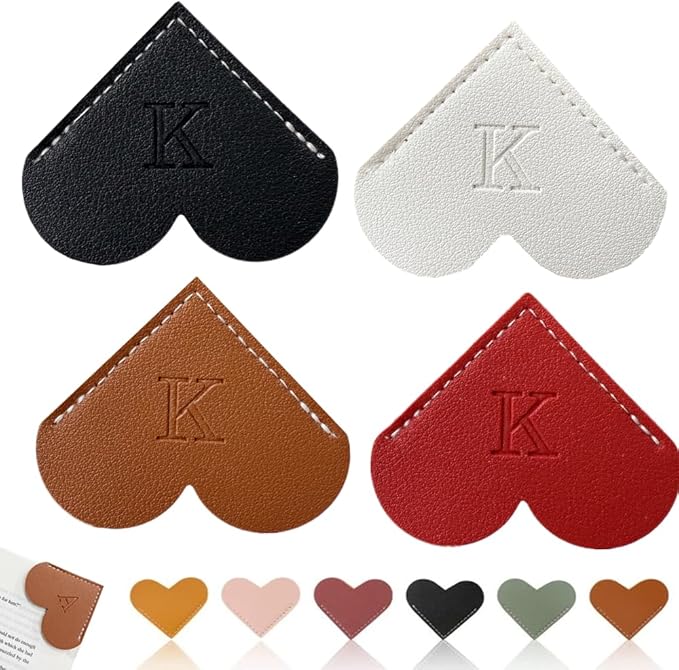 Personalized Leather Heart Bookmark, 26 Letters Customized Corner Book Mark for Reading, Book Holder Markers with Initials Page Book Accessories Cute Gifts (Black+White+Dark Brown+red,K)