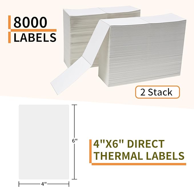 L LIKED 8000 Fanfold 4 x 6 Thermal Labels, with Perforated Line Shipping Labels, Compatible with Zebra & Rollo Printer, White, Commercial Grade