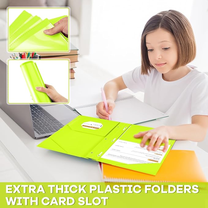 Henoyso 36 Pcs Plastic Folder with Clear Front Pocket and 3 Prong Plastic Folders with Card Slot Pocket Folders with Prongs for School Office (Fluorescent Green)