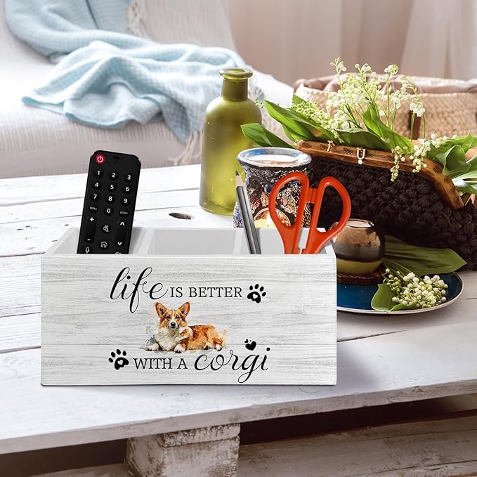 Corgi Gifts Pen Pencil Holder Organizer for Desk Accessories, Life Is Better With a Corgi Wooden Box Sign Desk Decor for Home Office Decoration, Dog Mom Lovers Owner Gifts for Women