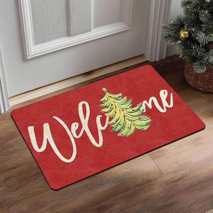 Christmas Welcome Tree Door Mat Merry Christmas Doormat Indoor Outdoor Entrance Floor Rug Non Slip Winter Decor Rubber Welcome Mats, 16" x 24" Inch