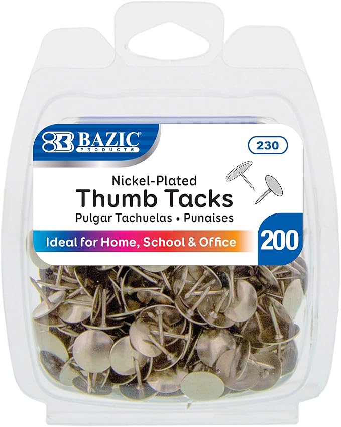 BAZIC Push Pins, Nickel Silver Flat Head Steel Point Thumb Tacks Pin for Cork Bulletin Board Map Posters Picture Office School (200/pack), 1-Pack…