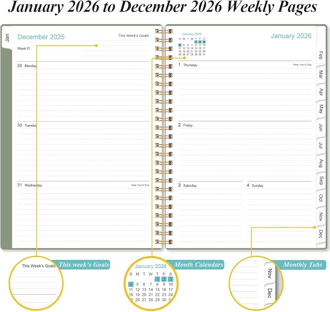 2026 Planner - Weekly and Monthly Calendar Planner from Jan 2026 - Dec 2026, Planner 2026 Spiral Bound with 12 Monthly Tabs, Inner Pocket, Perfect for School Office Supplies, 6.4" x 8.5", Green