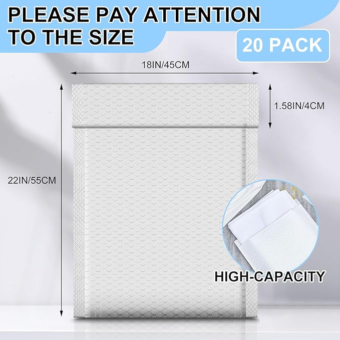 Ireer 20 Pack Extra Large 18 x 22" Bubble Mailers Poly Padded Envelopes Cushioned Mailing Envelopes Bubble Padded Mailers Self Adhesive Waterproof Shipping Bags for Business Christmas Gift Packaging