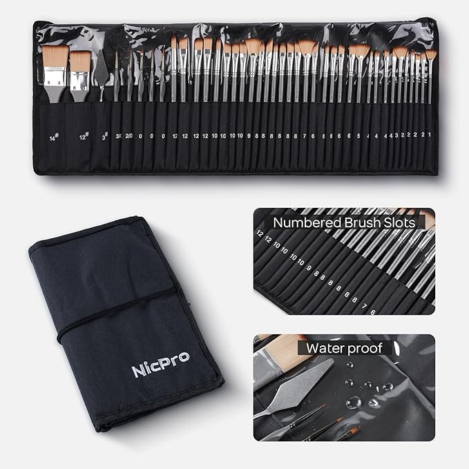 Nicpro 40 PCS Paint Brush Set, Professional Acrylic Paint Brushes with Palette Knife and Canvas Roll, Suitable for Acrylic Painting, Oil, Watercolor, Gouache, Art Supplies Painter Gifts for Artist