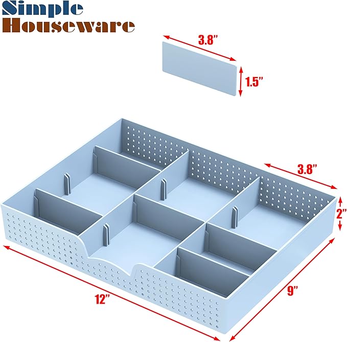 Simple Houseware Drawer Organizer Tray with 9 Adjustable Compartments, Blue