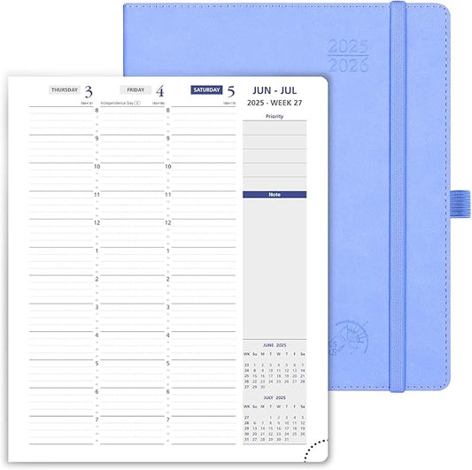 POPRUN Weekly Planner 2025-2026, 7.25'' x 8.5'', 15-Minute Hourly Appointment Book (July 2025-June 2026) with PU Leather Softcover, Monthly Tabs, Inner Pocket - Cornflower