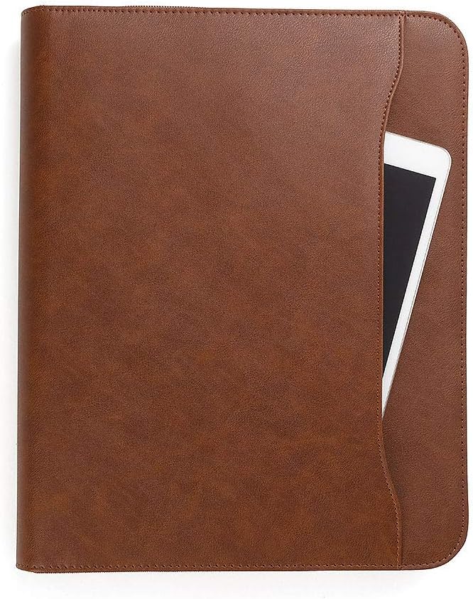 Forevermore Portfolios Padfolio Binder - Professional Faux Leather Travel Organizer Pouch for Tablet, Documents, Presentation Folders, Zipper Closure, Removable 3-Ring Notepad - Brown