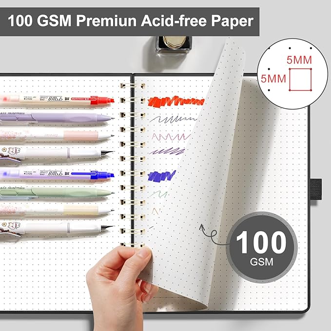 EMSHOI Bullet Dotted Journal - Dot Grid Spiral Notebook 8.5" x 11", A4 Large Dotted Notebook, 100 GSM Thick Paper, PU Leather Hardcover Journals for Bullet Journaling, Sketching, Black