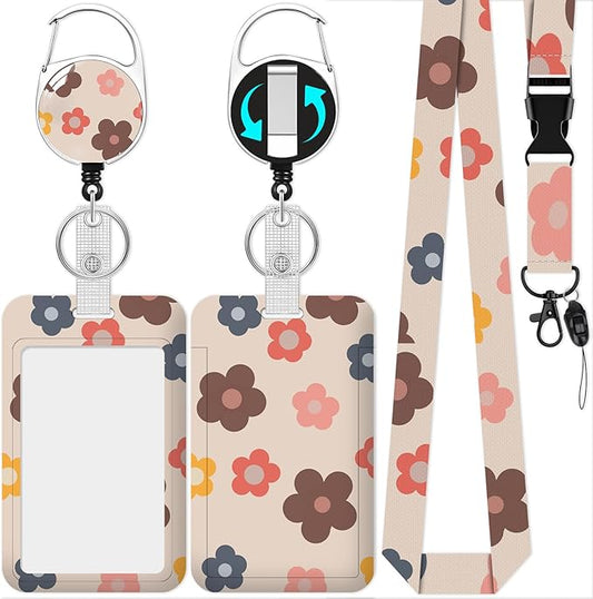 Flower Badge Holder Reel Lanyard,ID Card Badge Holder Retractable Name Tag Clips for Doctor Nurse Teacher Office Student
