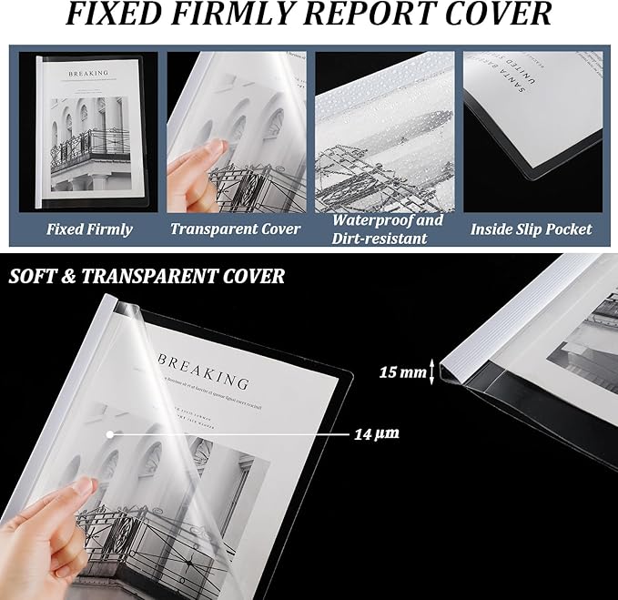 BBTO 100 Pcs Clear Report Covers with Sliding Bar for A4 Paper Resume Covers Presentation Folders File Document Binder for School Business, Letter Size 12 x 8.7 Inches(White)