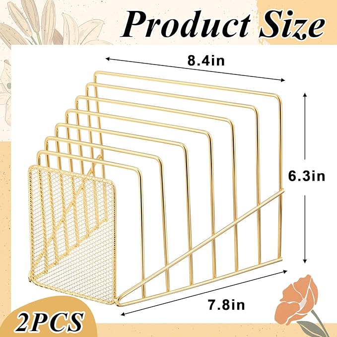 2 Pcs 7 Slot Incline File Sorter Metal Wire Mesh File Racks for Desktop Letter Sorter for Magazine Folder Book Organizer Home Office School Paper Mail Desk Storage Holder(Golden)