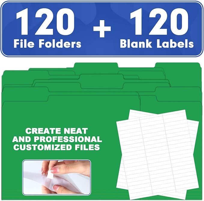 File Folder, HERKKA 120 Pack 1/3 Cut Tab File Folders, File Folders Great for Organizing and Filing, Letter Size, Green