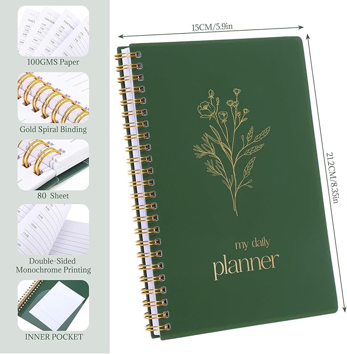 80 Pages Daily Planner,5.71" X 8.35" Solid Color Hot Stamping Process Planner for School Work Office Improve Efficiency To DO List Noteboook Organize Tasks Weekly Monthly Undated Planner, Green