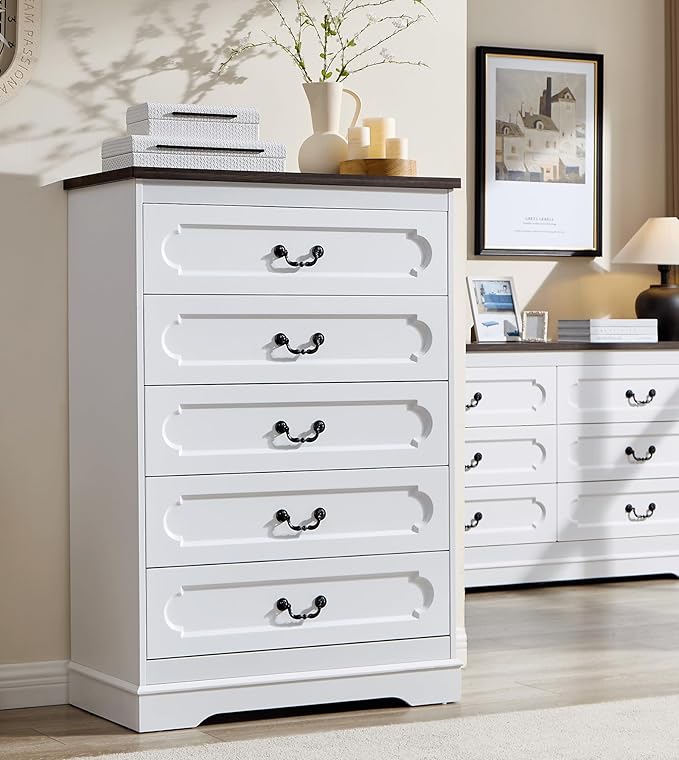 LIDYUK 5 Drawer Dresser for Bedroom Farmhouse White Wood Chest of Drawers for Bedroom Dresser, Rustic 46" Tall Wide Drawers Dressers Wooden Closet Storage Cabinet, Hallway, Living Room