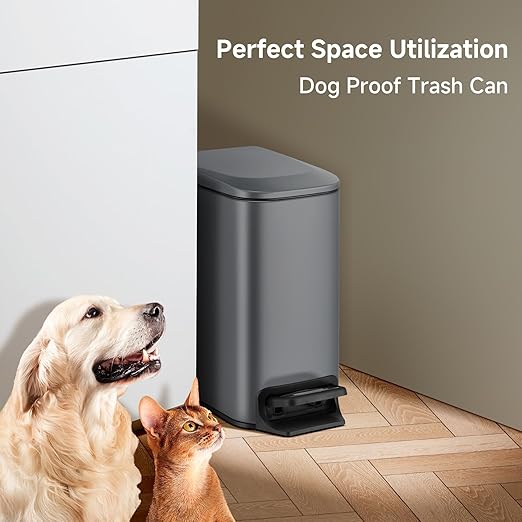 TIPGO Slim Bathroom Trash Can with Lid Soft Close, 6 Liter / 1.6 Gallon Stainless Steel Garbage Can with Removable Inner Bucket, Step Pedal, Small Trash Cans for Bedroom, Office, Kitchen (Grey)