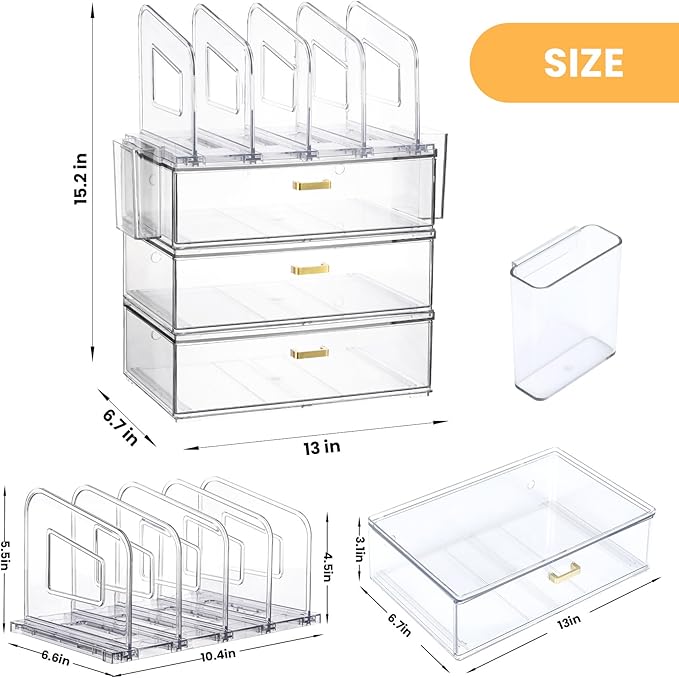 Acrylic Desk Organizer Set, 3 Pack Stackable Desktop Drawer Organizer with 4 Vertical File Holders and 2 Pen Holders, Desk Organizers and Accessories for Home Office Storage