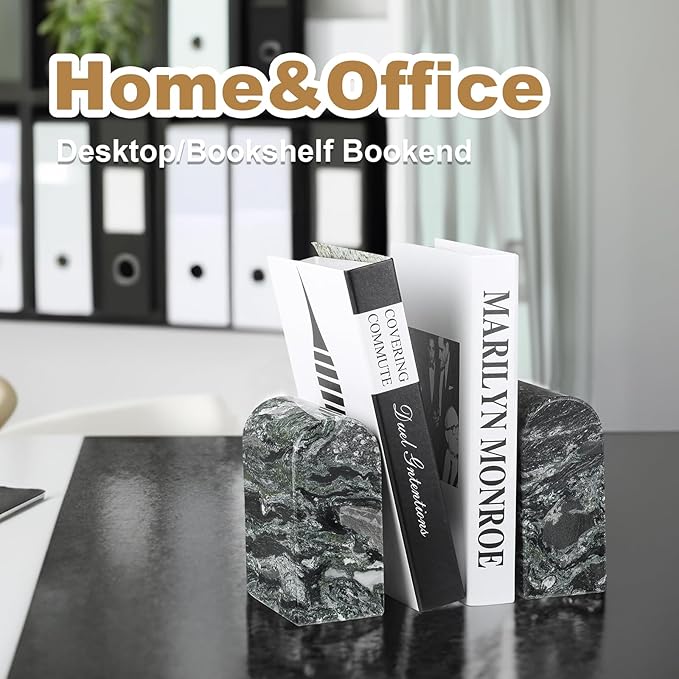 Koville South African Natural Marble Bookends for Shelves, Non-Slip Book Ends, 13LBS Ultra Heavy Duty Marble Book Holder Organizer, Apartment Decor for Movies/CD/Video Games(Olive Green)