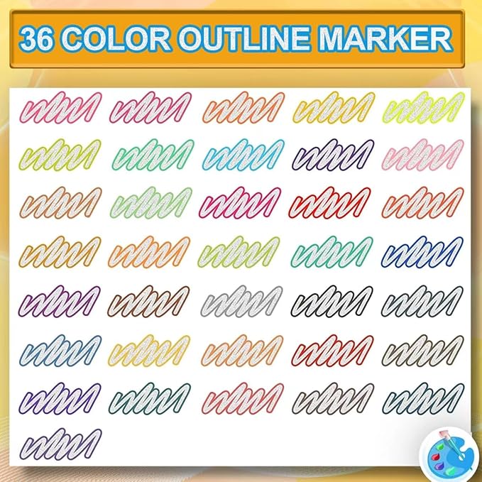 Double Line Super Squiggles Glitter & Metallic Markers, 36 Colors - Self Outline Pens for Doodle Art, Greeting Cards & Crafts