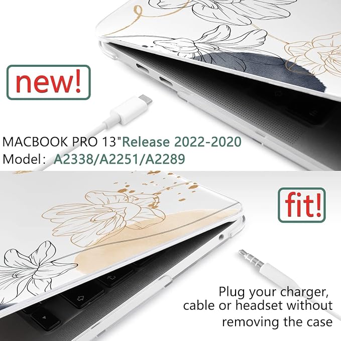 TWOLSKOO Compatible with MacBook Pro 13 inch Case 2022 2021 2020-2016 A2338 M2/M1 A2251 A2289 A2159 A1989 A1706, Plastic Hard Shell Cover & Keyboard Skin & Screen Protector, Florals X450