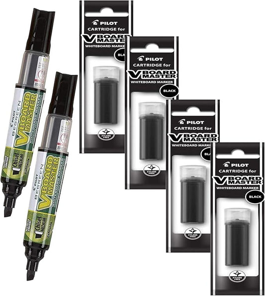 Refillable Dry Erase Markers, Pilot V Board Master, 2 Black Ink Chisel Tip Markers with 4 Refills, P1a439146p