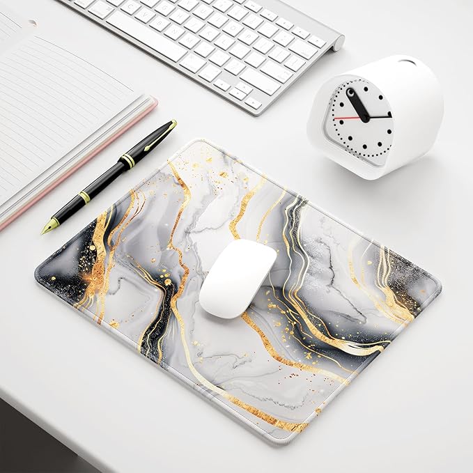 Auhoahsil Mouse Pad, 12 x 10 in Luxury Marble Theme Computer Mouse Pad for Desk, Premium-Textured Non-Slip Rubber Stitched Edges Waterproof Square Mouse Mat for Gaming Work Wireless Mice, Gray Gold