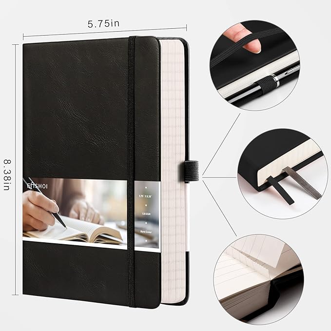 EMSHOI Lined Journaling Notebooks - 120gsm Thick Leather Journal with Sticky Notes, 256 Numbered Pages A5 Hardcover College Ruled Notebook for Women Men Work School Writing, 5.75" x 8.38"-Black