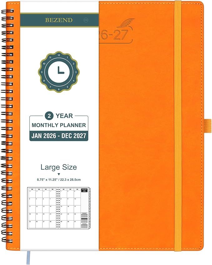 BEZEND Monthly Planner 2026-2027 (Spiral-8.5" x 11") 2 Year Calendar Book with Note Pages - Jan 26 to Dec 27-120 GSM Paper, Inner Pockets, Laminated Tabs, Vegan Leather Softcover - Orange