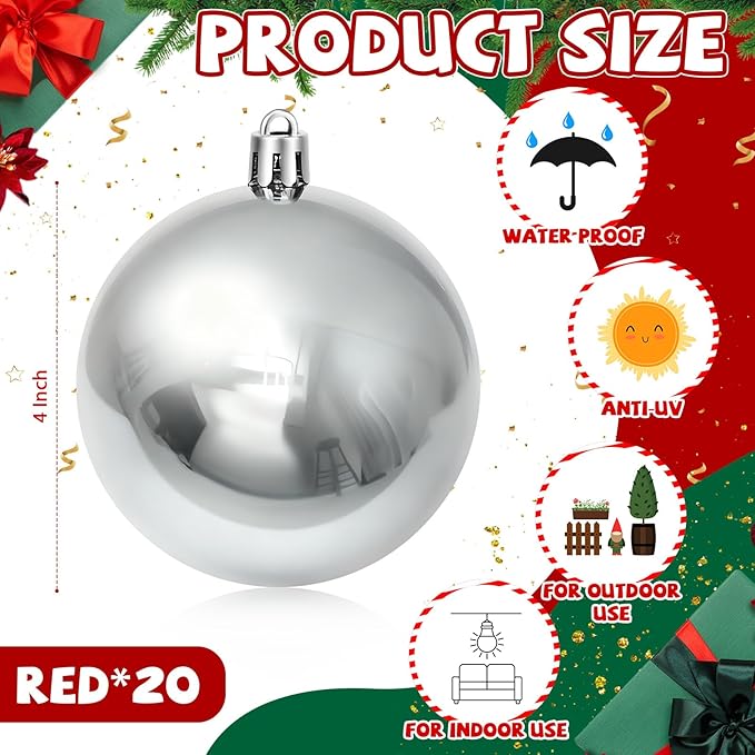 20 Pcs Christmas Ball Ornaments 4 Inch UV Resistant and Waterproof Shatterproof Shiny Plastic Christmas Tree Hanging Ornaments Decoration for Indoor Outdoor Holiday Party(Silver)