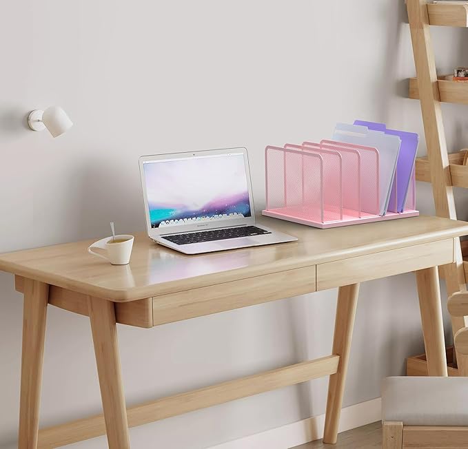 Kuntine.B Desk File Organizer Upright Mesh Desktop Organizer File Sorter Office Organization File Holder for Home, Office & Classroom (Pink, 1 Pack 5-Section)
