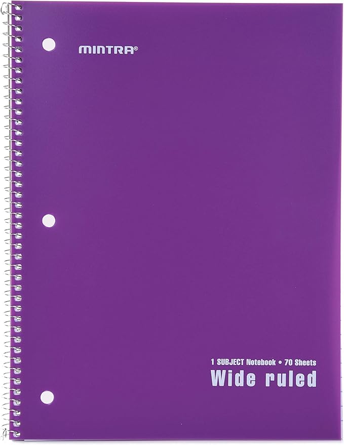 Mintra Office Spiral Notebooks - 1 Subject, Poly Cover, 70 Sheets, WIDE Ruled, 8in x 10in, Bulk Pack, Primary Color Waterproof Covers, Set of 6 - for School, Office, Business, Professional (04658)