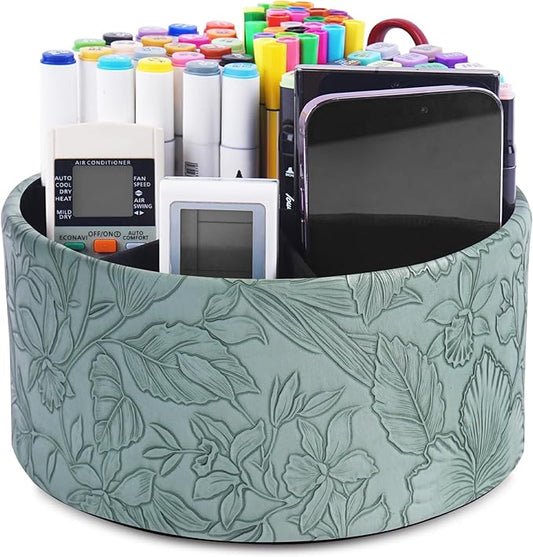 Hennaja Remote Control Holder, 360°Spinning PU Leather Desk TV Remote Caddy,Desk Storage Box Room Accessories for Controller, Media,Mail,Calculator, Mobile Phone,Pencil(1-Carved Green2)