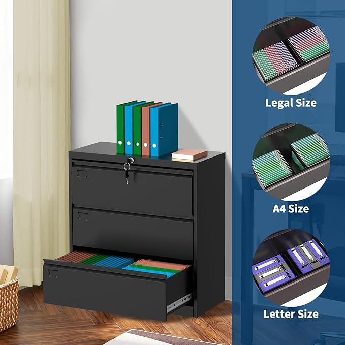3 Drawer Lateral File Cabinet with Lock and Keys, Metal Lateral Filing Cabinet Storage, Fit Letter/Legal/A4 Size Documents, for Home Office Workspaces