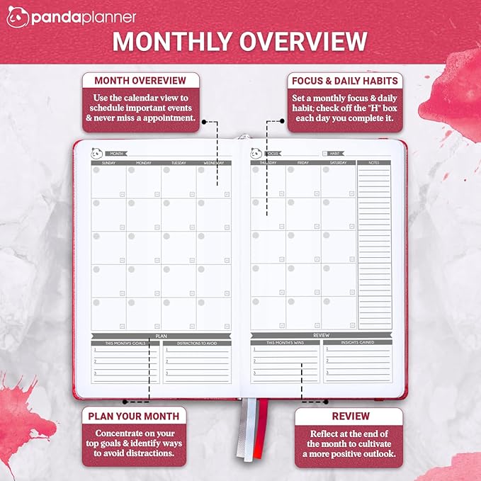 Panda Planner Classic Daily Planner 2026 – A5 Undated Daily Productivity & Quarterly Planner with Hourly Schedule, To Do List, Daily Journal, Goal Planner, Habit Tracker & Gratitude Organizer for Focus – Raspberry