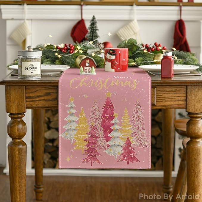 Artoid Mode Xmas Trees Merry Christmas Table Runner, Seasonal Winter Pink Kitchen Dining Table Decoration for Home Party Decor 13x72 Inch