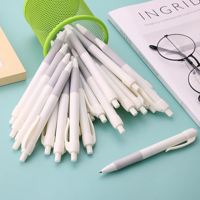 deegtran Pens Bulk, 50 Pack No Bleed White Barrel Black Ink Click Pens with Soft Grip, Wholesale Retractable Ballpoint Pens for Office School, Medium Point Smooth 1.0MM