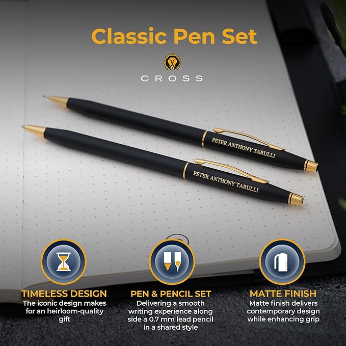 Cross Classic Century Ballpoint Pen and Pencil Set. Matte Black with Gold Trim. Iconic Gift Set