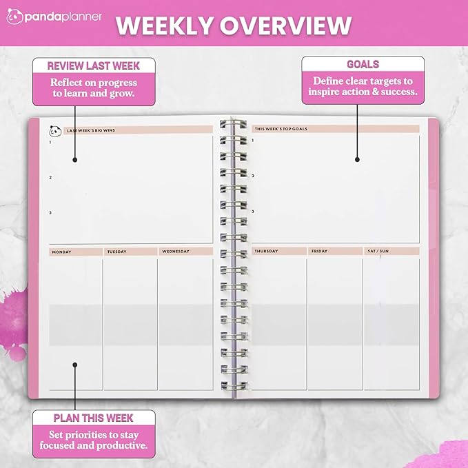 Panda Planner 2025-2026 Undated Daily Planner with Hourly Schedule 5.75" x 8.25" – 90 Days Daily Journal with Spiral Binding – To Do List Notebook with Habit Tracker for Home/Office Supplies – Pink