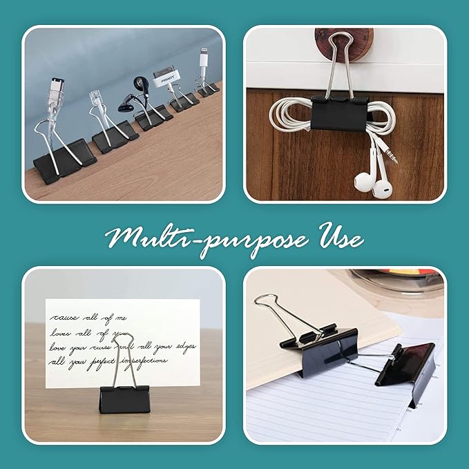 EXTRIC Binder Clips - 60 Pack, 2 Inch Black, Large, Tempered Steel Paper Clamps for Home, Office and School Supplies