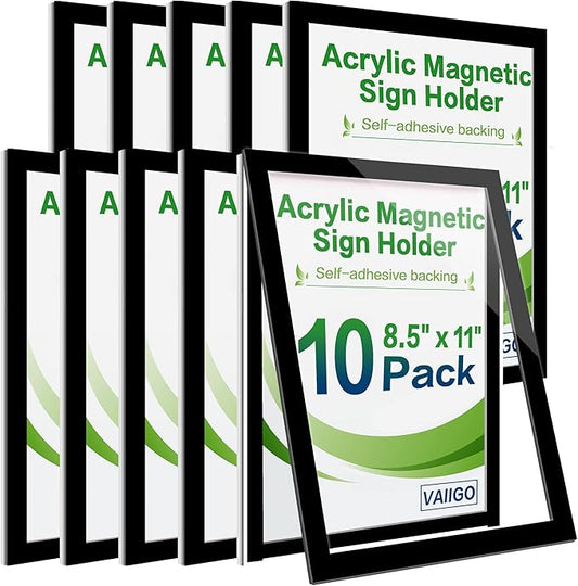 8.5" x 11" Acrylic Magnetic Sign Holder Wall Mount, Self Adhesive Magnetic Display Frame with Nano Tape and Strong Magnetic Border for Wall, Door, Glass, Home, Store, Office (Black, 10Pack)