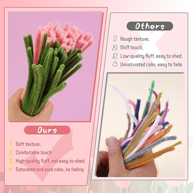 UzecPk Pink Pipe Cleaners Set Green Pipe Cleaner Flowers Chenille Stems Pipe Cleaner Flower Kit Pipe Cleaners Bulk with Floral Wire Instructions for DIY Art and Craft Projects Creative(5 Flowers)