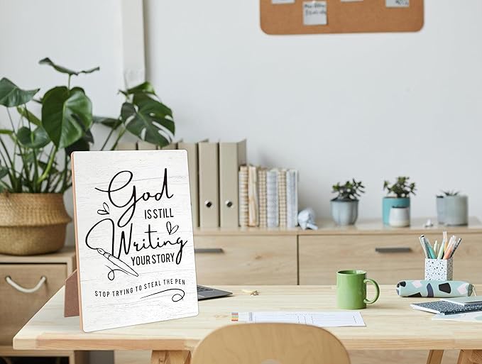 God Is Still Writing Your Story Wooden Sign with Stand, Bible Verses Decor, Christian Home Decor, Desk Signs for Office, Christian Gifts, Coworker Gifts, Encouragement Gifts for Women Men Friend,10