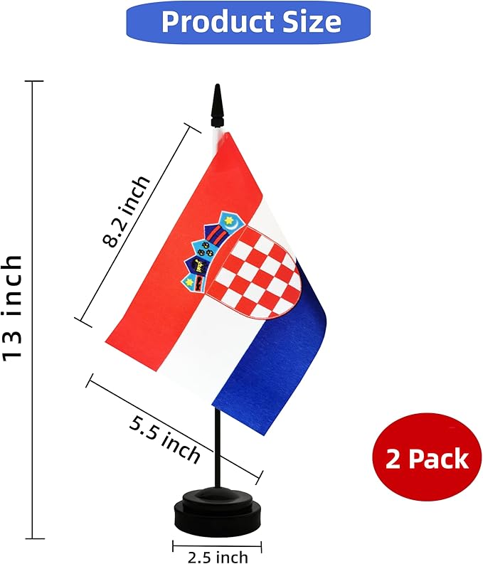 2 Pack Croatia Desk Flag, Croatian Table Office Flag with Solid Pole and Stand Base, International Country Flag, Festival Celebration, Classroom Meeting Desktop Decoration (Croatia)