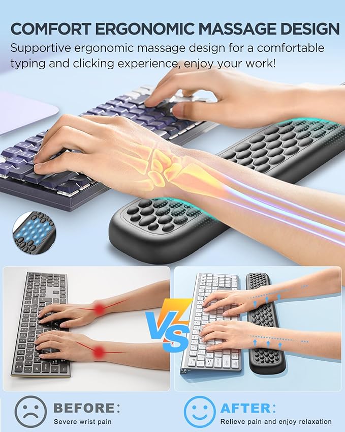 Lekvey Ergonomic Keyboard Wrist Rest - Memory Foam with Massage Points & Waterproof PU Leather Wrist Pad, Carpal Tunnel Support for Office Computer/Gaming, Typing Pain Relief, Easy-Clean（Black）