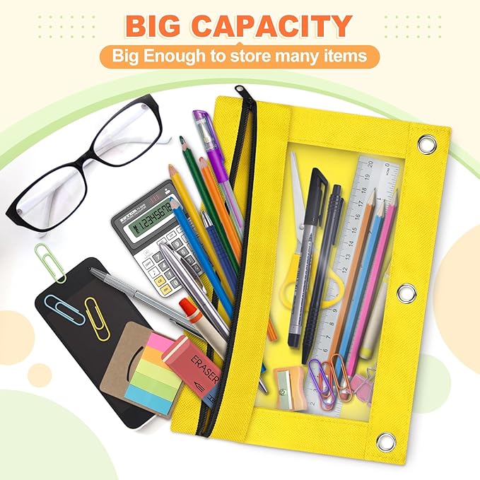 Shemira Pencil Pouch for 3 Ring Binder, Binder Pencil Pouch with Smooth Zipper, Clear Window Pencil Case for Binder, Zipper Pencil Pouches, Big Capacity 3 Ring Binder Pencil Bag, Yellow