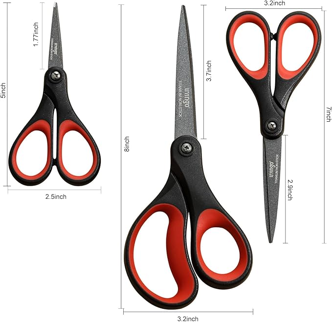 LIVINGO 3 Pack Titanium Scissors All Purpose - Non Stick Stainless Steel Sharp Scissors Set Heavy Duty for Office School Sewing Crafting Cutting Fabric Paper, Comfortable Grip, 5”, 7” & 8”