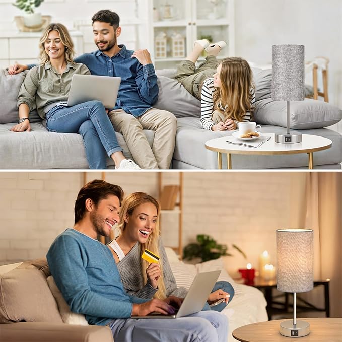 AKASUKI Table Lamp for Bedroom, 3 Way Dimmable Touch Lamp with Dual Charging Station, Small Bedside Lamps for Night Stands, Living Room, Office(LED Bulb Included)