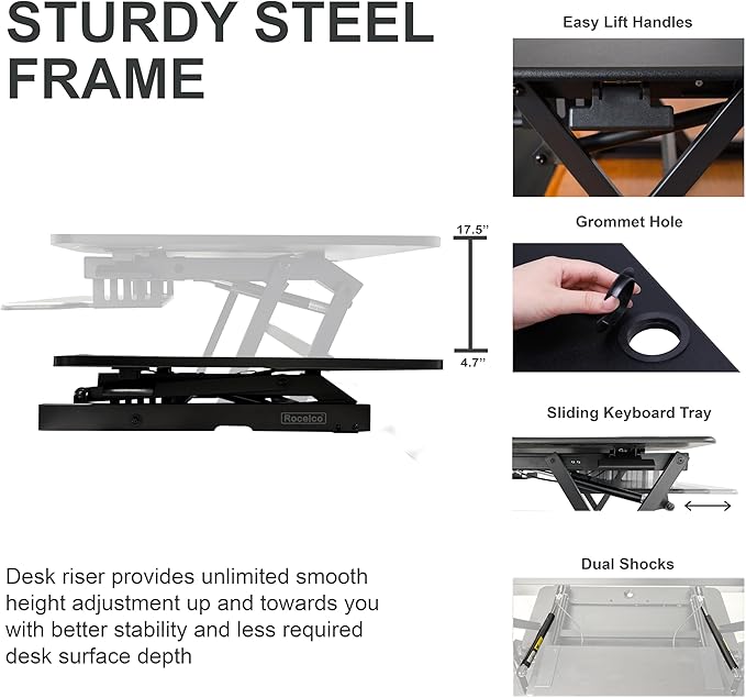 Rocelco 45" Height Adjustable Standing Desk Converter with Triple Monitor Mount and Slide Out Retractable Keyboard Tray - Sit Stand Up Three Screen Tabletop Riser Workstation - Black (R ADRB-45-DM3)